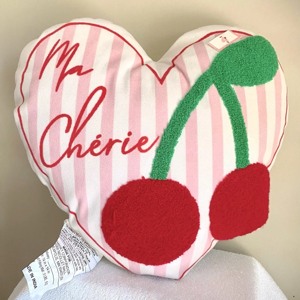 Ma Chérie Heart-Shaped Pillow with Red embroidered cherries New with tag